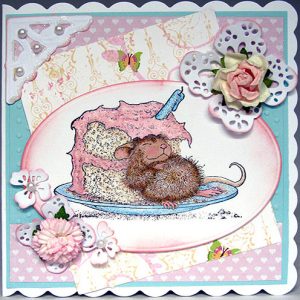 Handmade Greeting Card for any Occasion  - House Mouse with a piece of cake