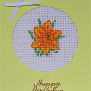 Handmade Floral Cross Stitch Yellow Base Birthday Card with 1 daffodil