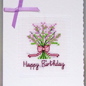 Handmade Floral Cross Stitch White Base Birthday Card with 1 pink ribboned bouquet
