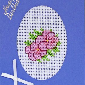 Handmade Floral Cross Stitch Lavender Base Birthday Card with 2 lilac pansies