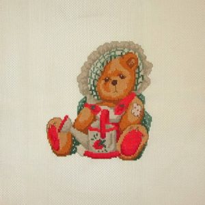 Cross Stitch Embroidery picture of a teddy bear with a watering can for framing