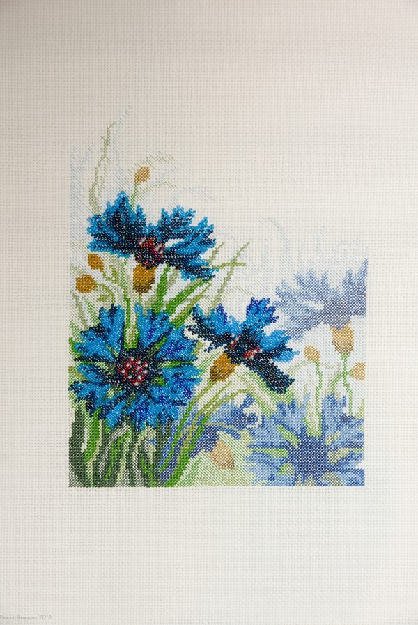 Cross Stitch and Bead Embroidery picture of cornflowers for framing