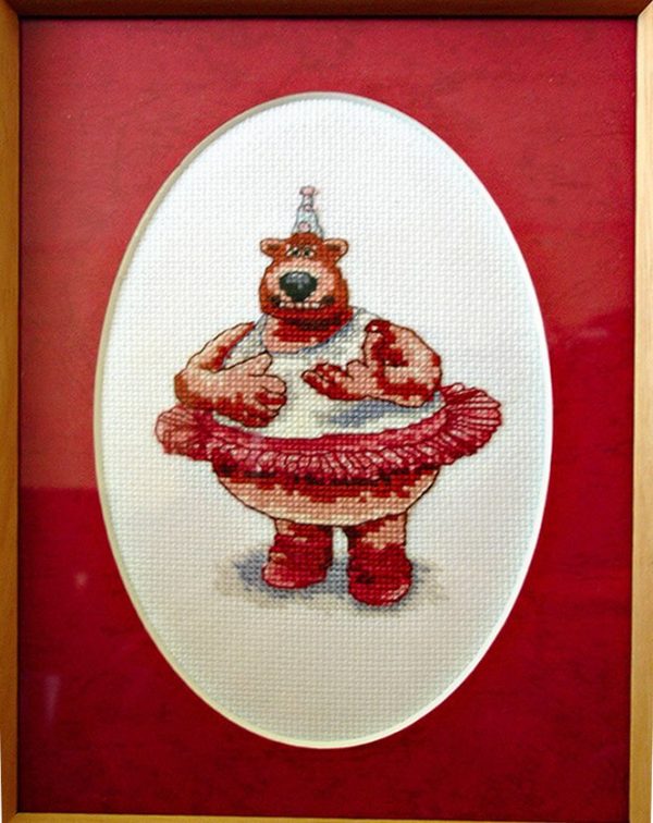 Framed Cross Stitch Embroidery picture of a big bear in a dress
