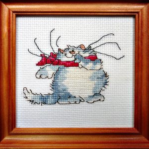 Framed Cross Stitch Embroidery picture of a cat wearing a red scarf