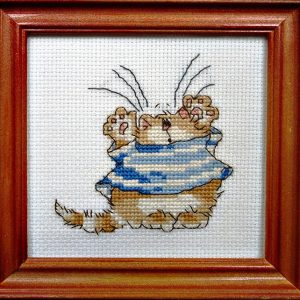 Framed Cross Stitch Embroidery picture of a cat in a blue dress