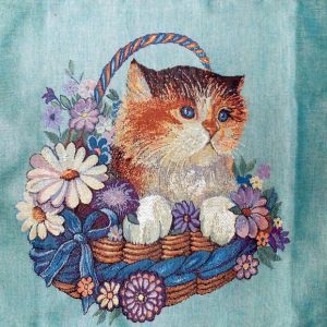 Tapestry Cushion Cover with a kitten in a basket with flowers