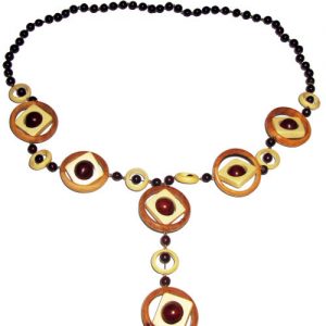 Fancy necklace made from wooden beads, rings and details